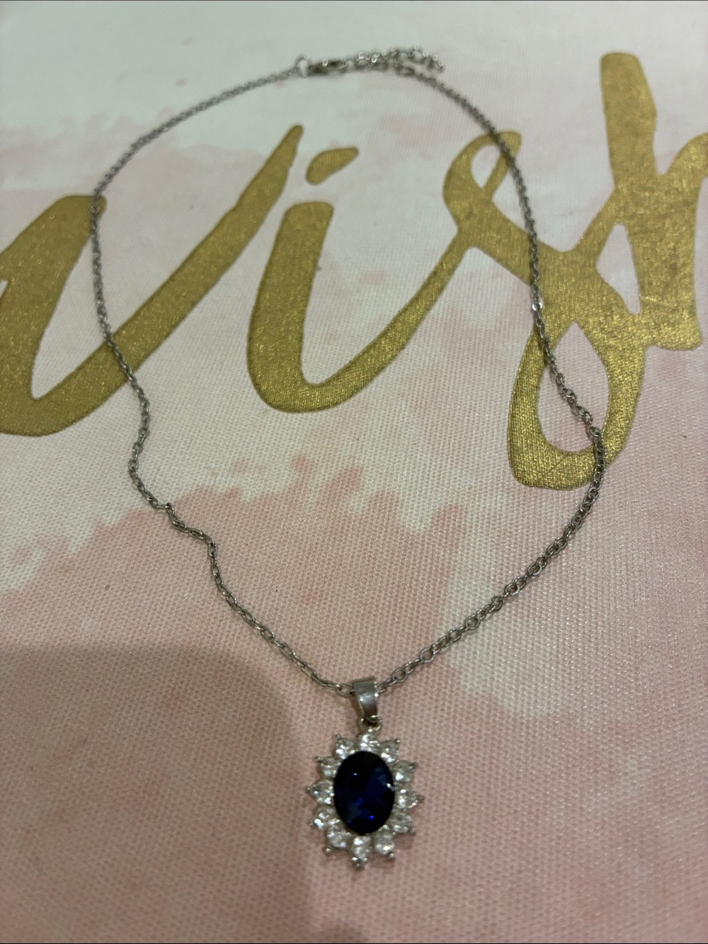 Women’s Silver Necklace with Deep Blue Oval Pendant